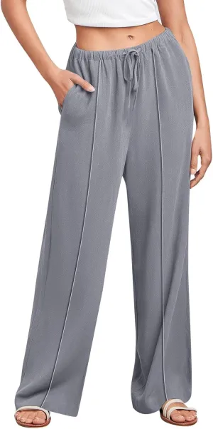 2024 Summer Linen Palazzo Pants Womens Casual Loose Drawstring Beach Palazzo Harem Joggers Pants with Pockets