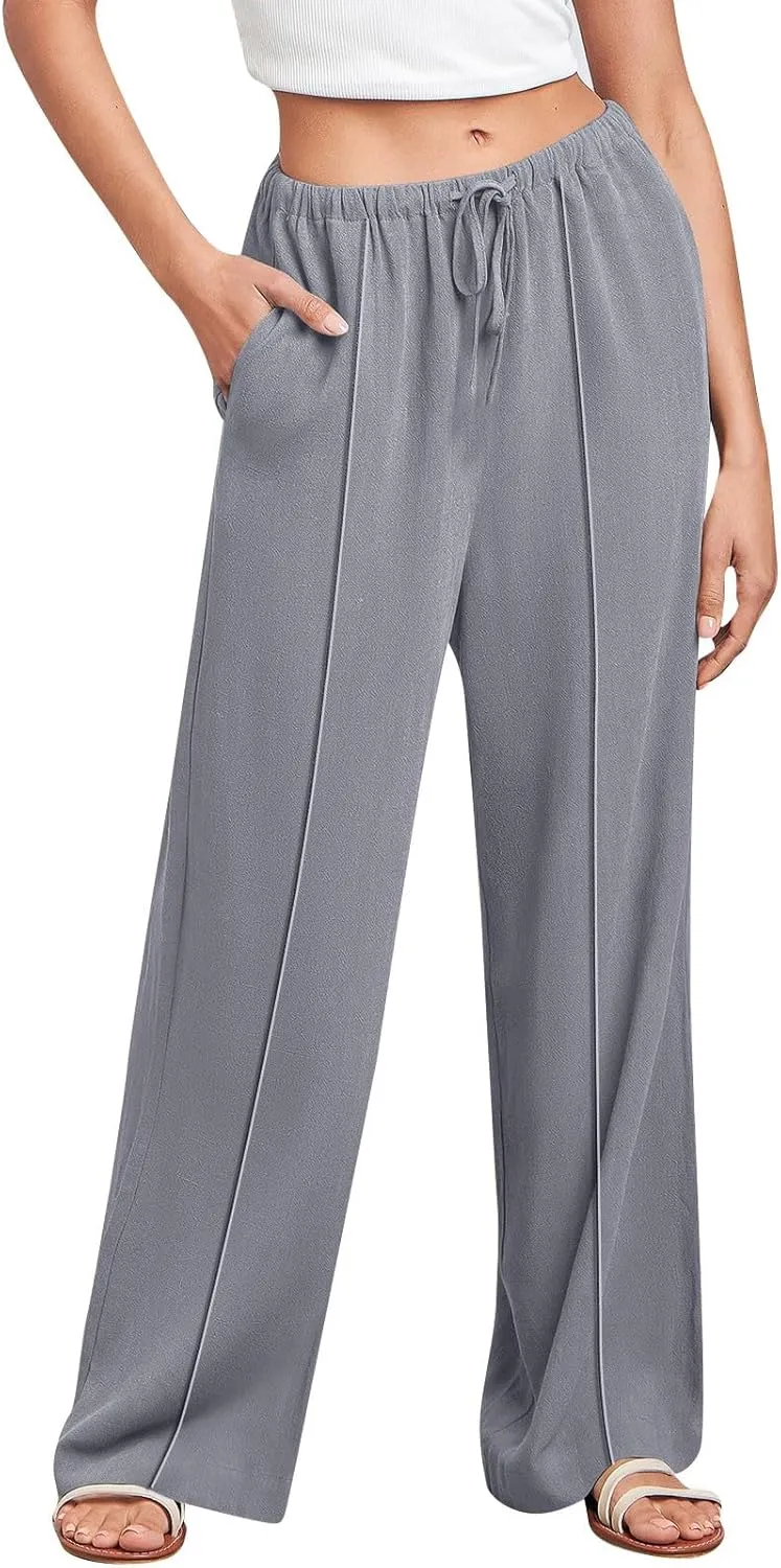 2024 Summer Linen Palazzo Pants Womens Casual Loose Drawstring Beach Palazzo Harem Joggers Pants with Pockets