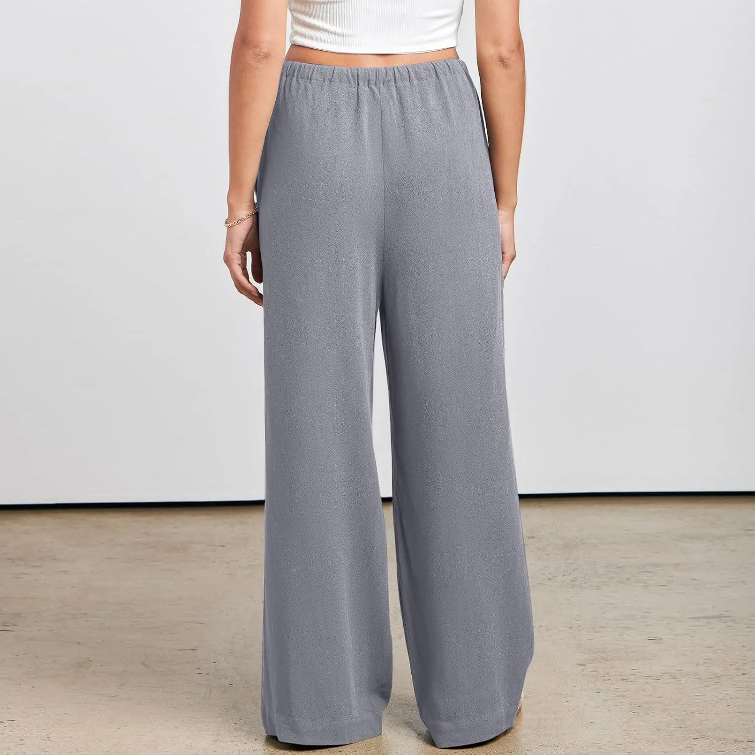 2024 Summer Linen Palazzo Pants Womens Casual Loose Drawstring Beach Palazzo Harem Joggers Pants with Pockets