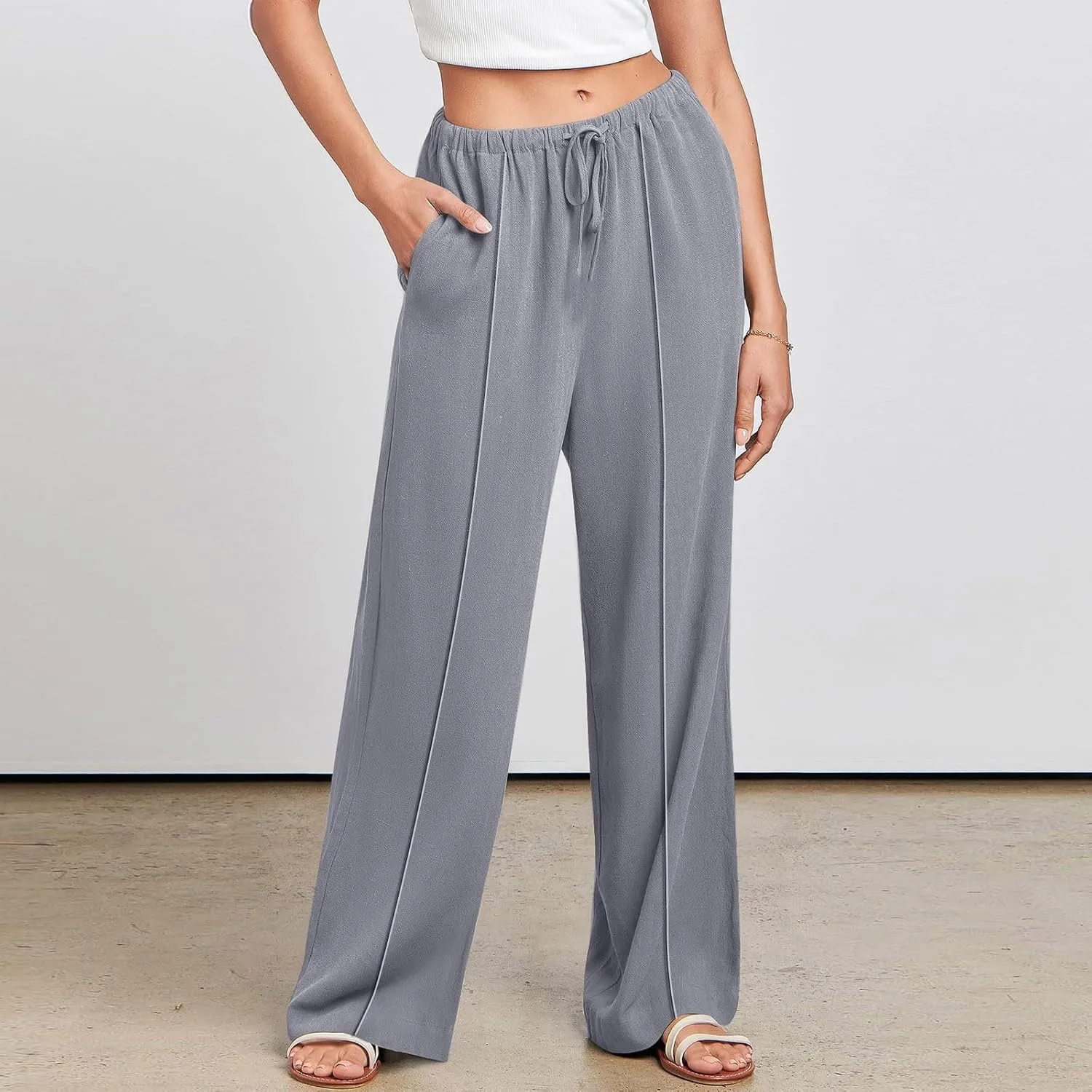 2024 Summer Linen Palazzo Pants Womens Casual Loose Drawstring Beach Palazzo Harem Joggers Pants with Pockets