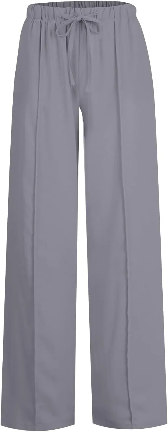 2024 Summer Linen Palazzo Pants Womens Casual Loose Drawstring Beach Palazzo Harem Joggers Pants with Pockets