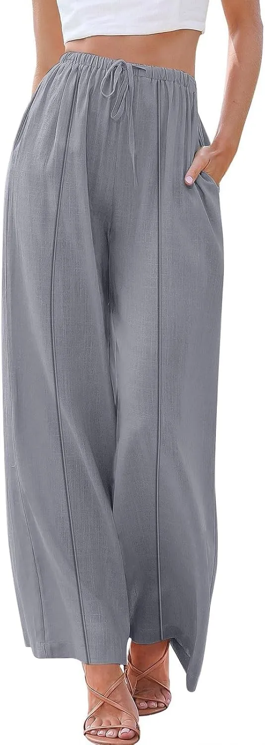 2024 Summer Linen Palazzo Pants Womens Casual Loose Drawstring Beach Palazzo Harem Joggers Pants with Pockets