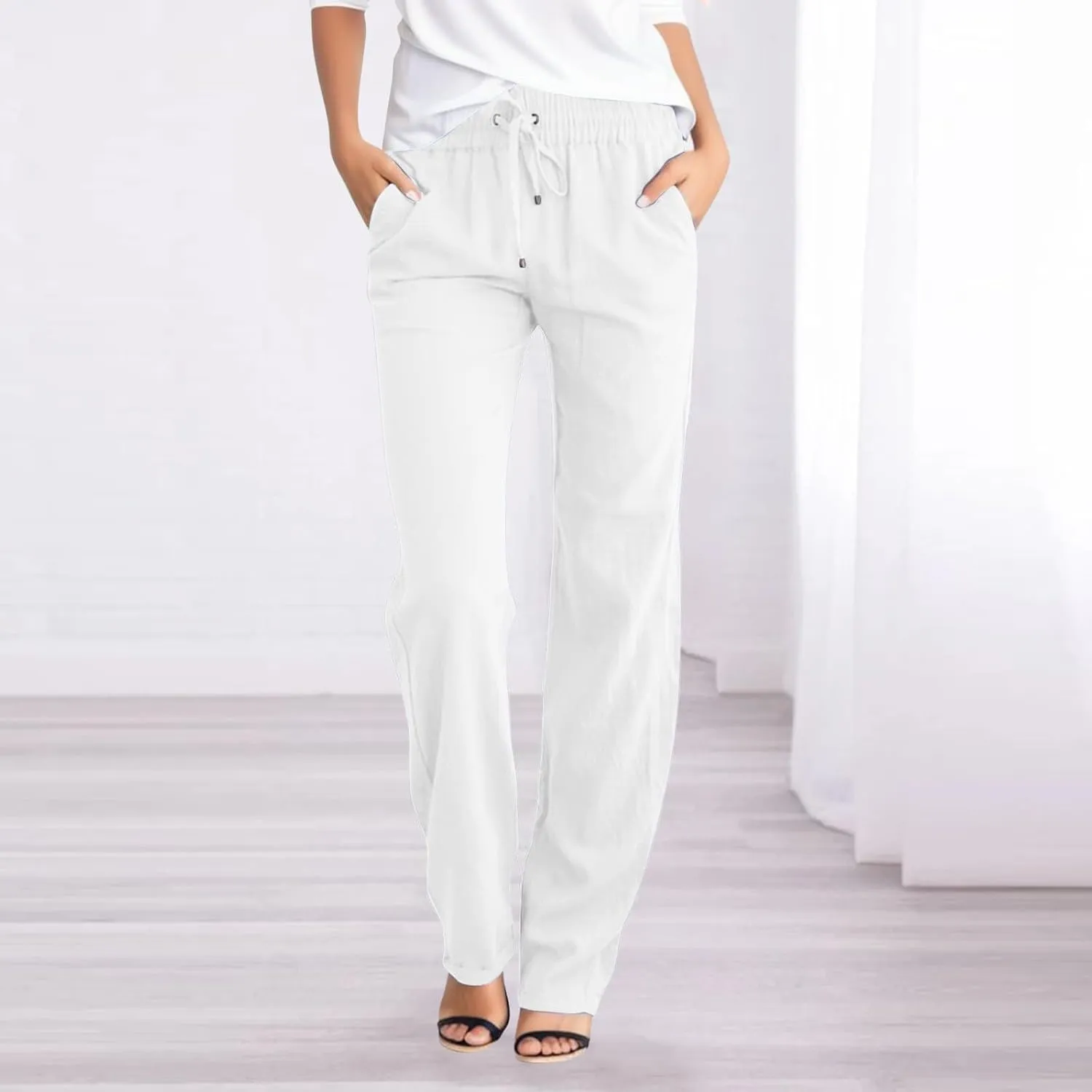 2025 Womens Casual Cotton Linen Pants Lightweight Summer Relax Fit Elastic Waist Solid Color Lounge Long Trousers