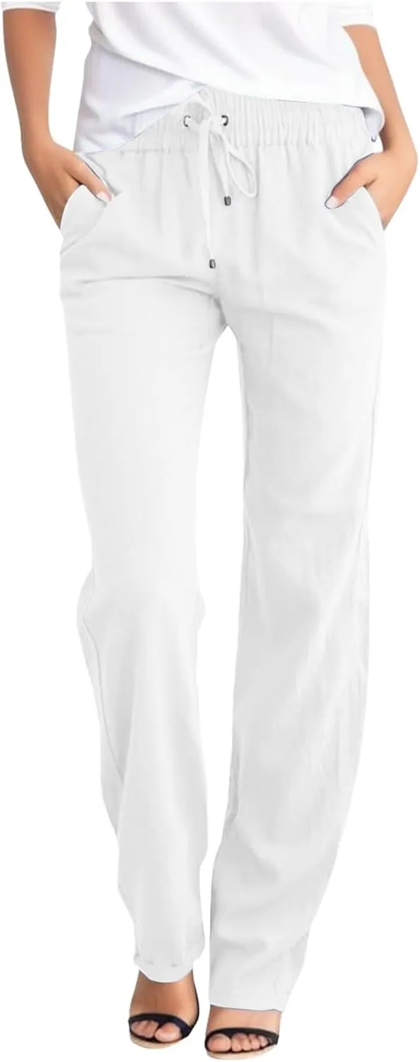 2025 Womens Casual Cotton Linen Pants Lightweight Summer Relax Fit Elastic Waist Solid Color Lounge Long Trousers