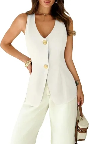 2025 Womens Summer Sleeveless Vest Tops Breasted V Neck Casual Work Slim Outwear Suit Jacket.