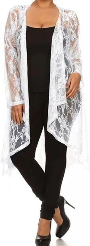 646 - Sheer Lace Long Sleeve Open Front Long Body Asymmetric Hem Hi Low Duster Cardigan