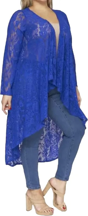 646 - Sheer Lace Long Sleeve Open Front Long Body Asymmetric Hem Hi Low Duster Cardigan
