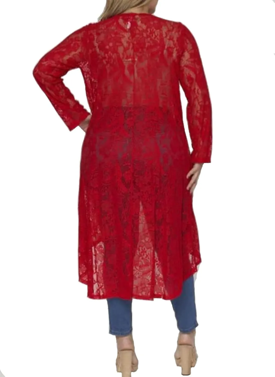 646 - Sheer Lace Long Sleeve Open Front Long Body Asymmetric Hem Hi Low Duster Cardigan