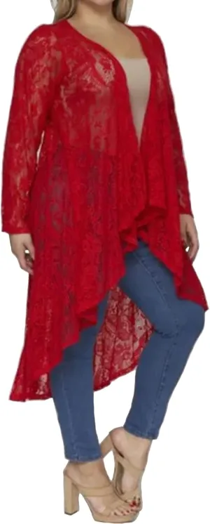 646 - Sheer Lace Long Sleeve Open Front Long Body Asymmetric Hem Hi Low Duster Cardigan