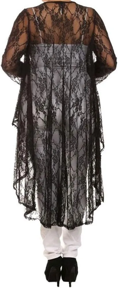 646 - Sheer Lace Long Sleeve Open Front Long Body Asymmetric Hem Hi Low Duster Cardigan