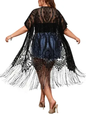 646 - Sheer Lace Long Sleeve Open Front Long Body Asymmetric Hem Hi Low Duster Cardigan