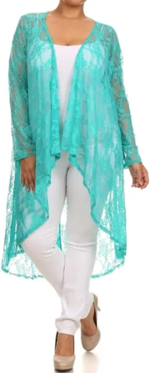 646 - Sheer Lace Long Sleeve Open Front Long Body Asymmetric Hem Hi Low Duster Cardigan