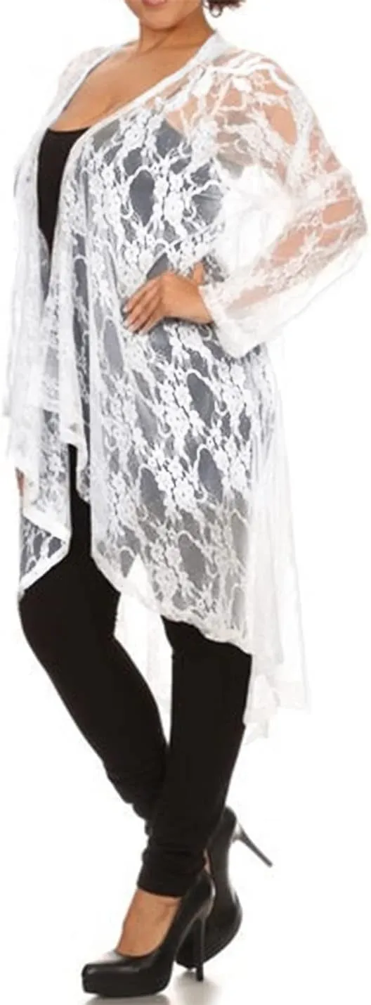 646 - Sheer Lace Long Sleeve Open Front Long Body Asymmetric Hem Hi Low Duster Cardigan