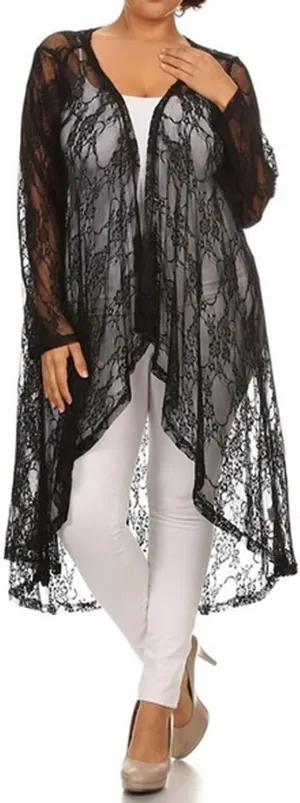 646 - Sheer Lace Long Sleeve Open Front Long Body Asymmetric Hem Hi Low Duster Cardigan
