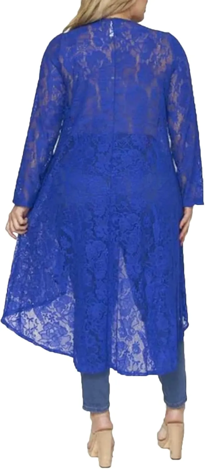 646 - Sheer Lace Long Sleeve Open Front Long Body Asymmetric Hem Hi Low Duster Cardigan