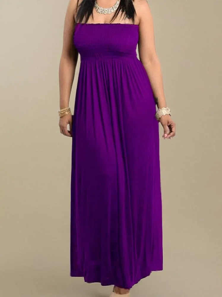 811 - Smocked Chest Strapless Tube Long Maxi Beach Cover-up Dress