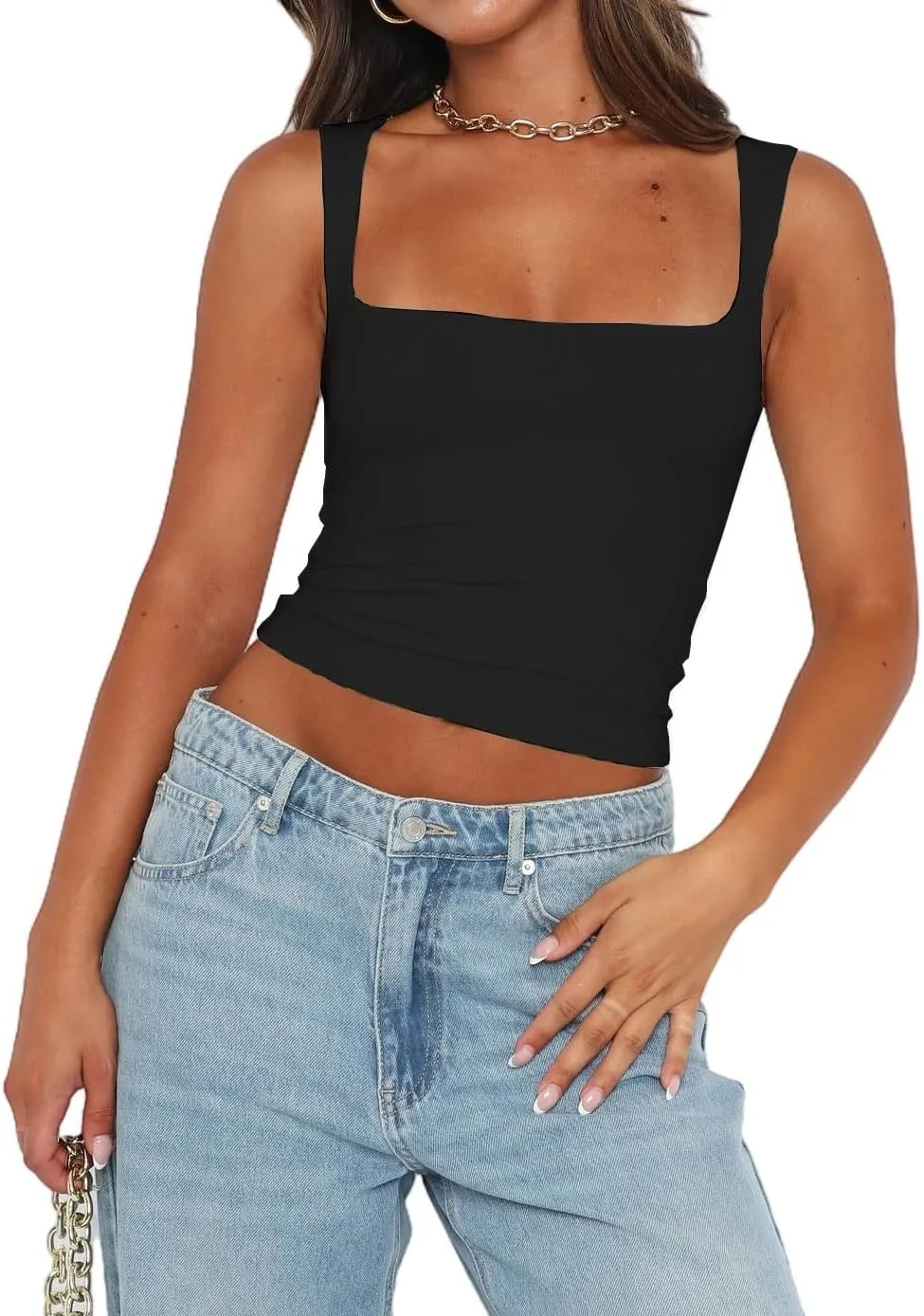 Abardsion Womens Sexy Crop Top Summer 2024 Square Neck Sleeveless Double Layer Going Out Tank Tops
