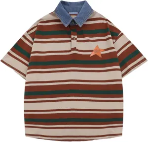 Aelfric Eden Stripe Star Polo Tee Oversized Button Collar T Shirt Short Sleeve Y2k Tops