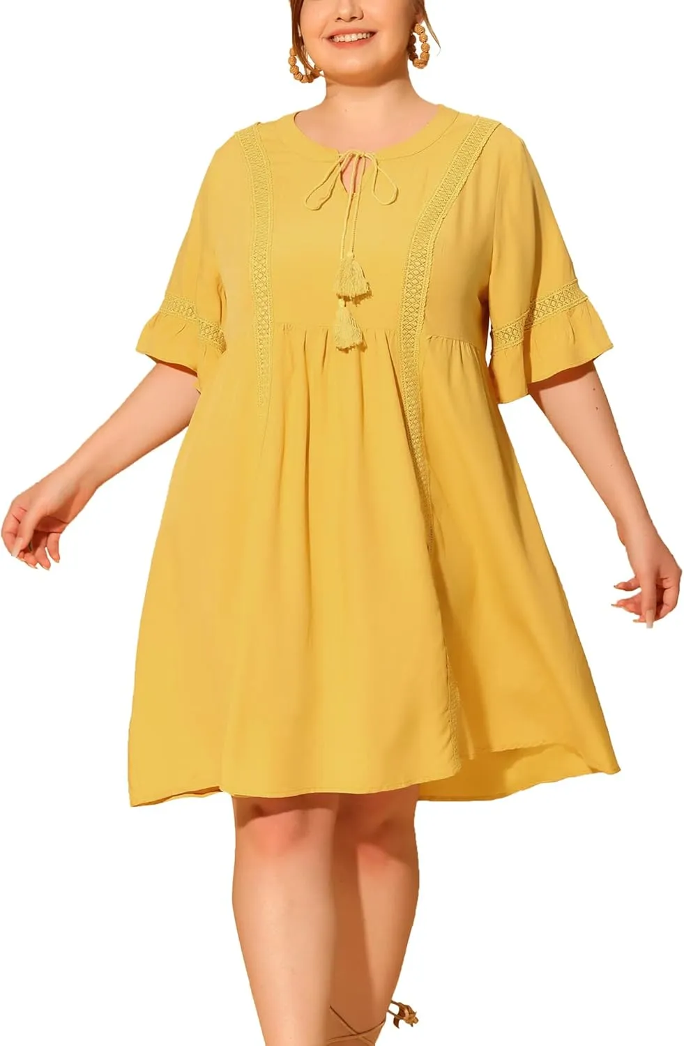 Agnes Orinda Boho Dress for Women Plus Size Ruffle Short Sleeve Lace Insert V Neck Tassel Bohemian Mini Dresses