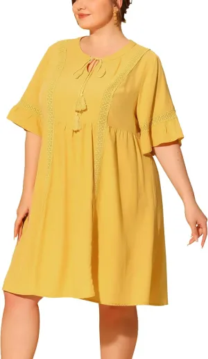 Agnes Orinda Boho Dress for Women Plus Size Ruffle Short Sleeve Lace Insert V Neck Tassel Bohemian Mini Dresses