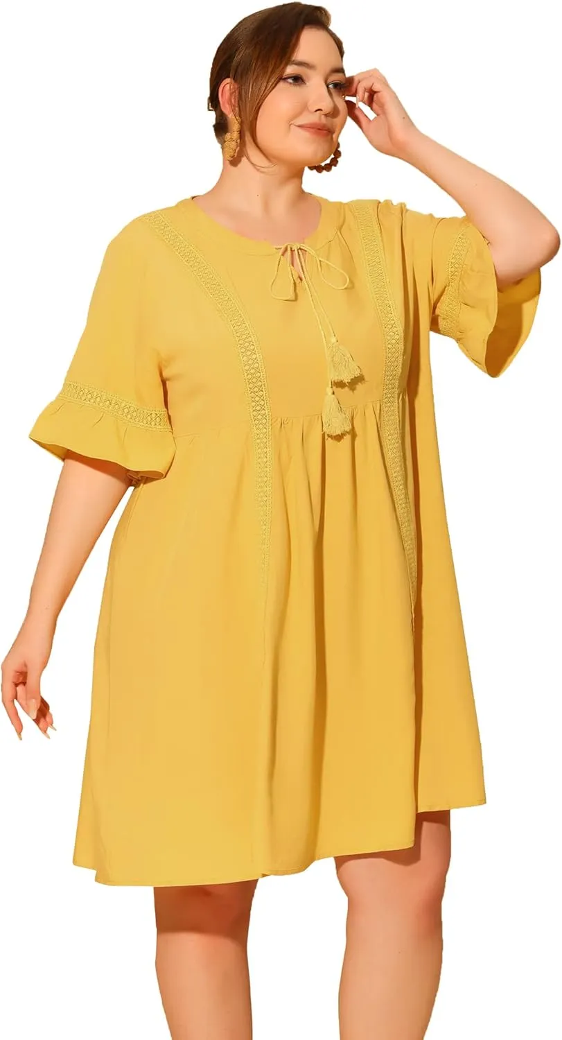 Agnes Orinda Boho Dress for Women Plus Size Ruffle Short Sleeve Lace Insert V Neck Tassel Bohemian Mini Dresses