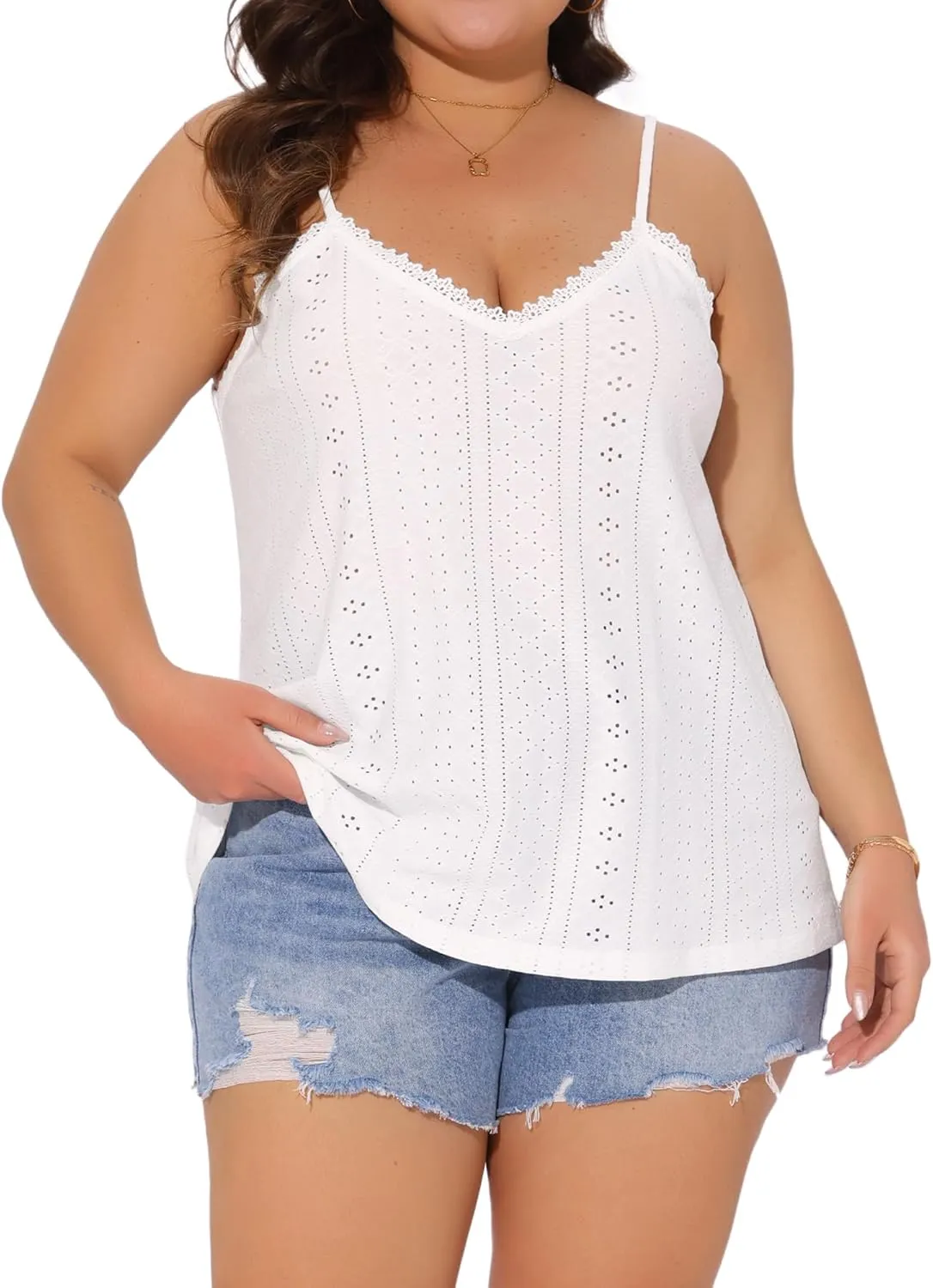 Agnes Orinda Plus Size Women's Summer Eyelet Jersey Cami V Neck Casual Sleeveless Hollow Basic Camisole Tops