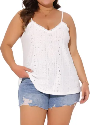 Agnes Orinda Plus Size Women's Summer Eyelet Jersey Cami V Neck Casual Sleeveless Hollow Basic Camisole Tops
