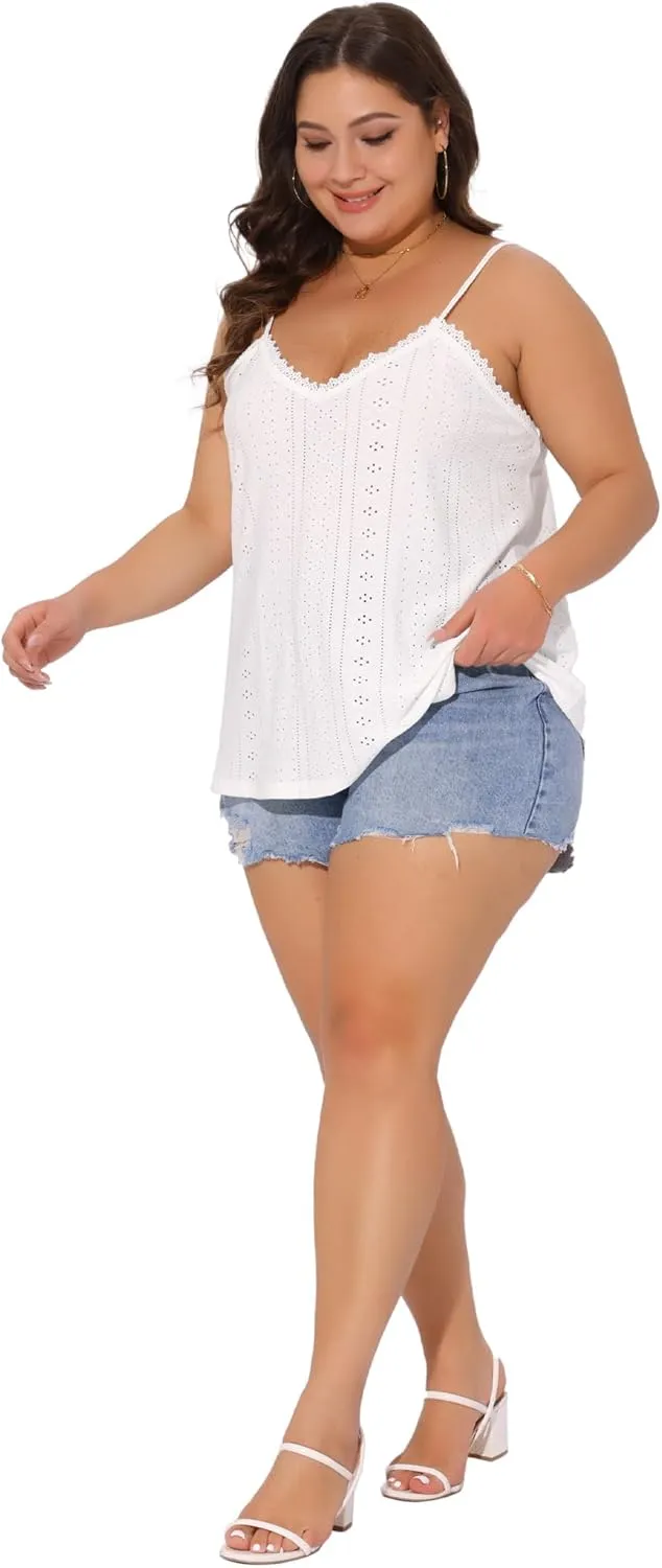 Agnes Orinda Plus Size Women's Summer Eyelet Jersey Cami V Neck Casual Sleeveless Hollow Basic Camisole Tops