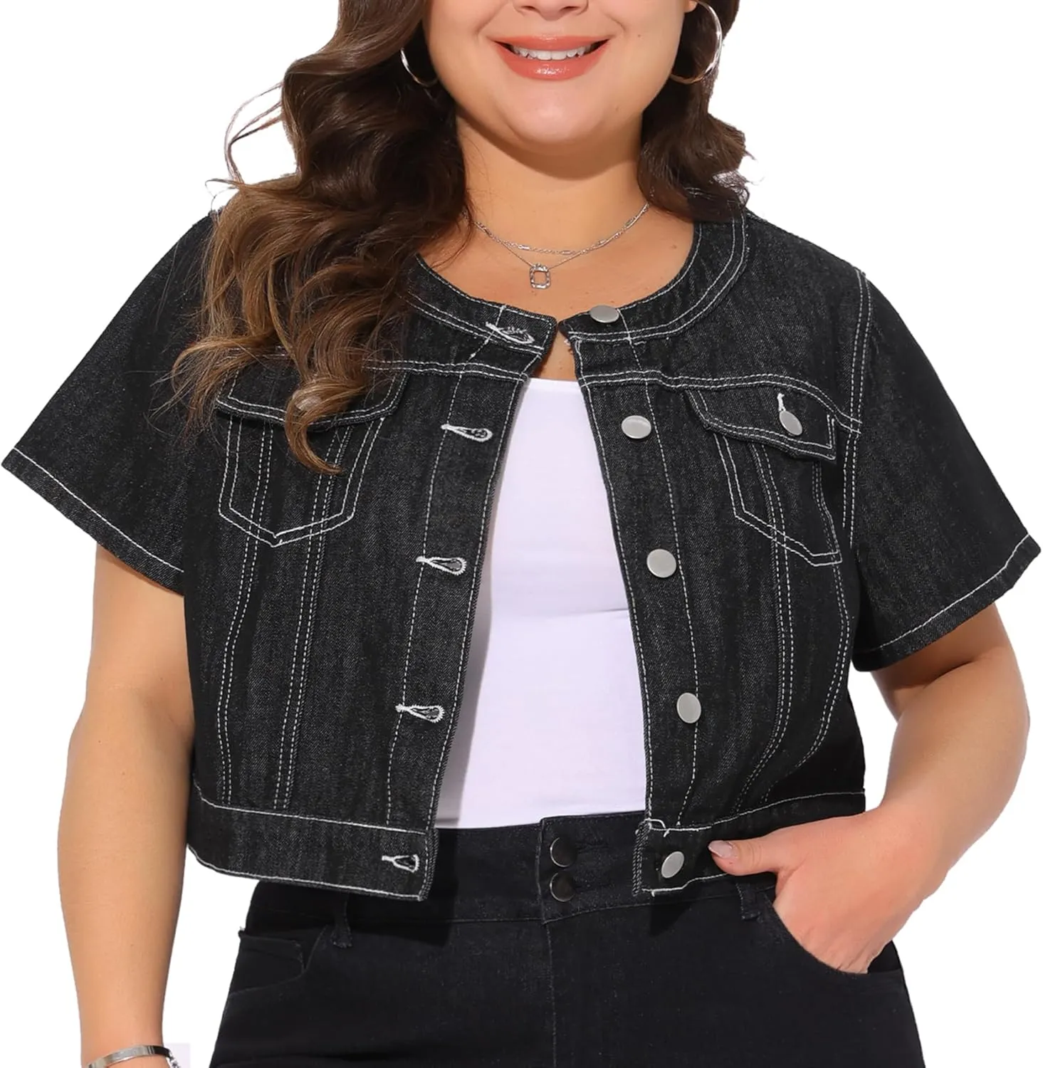 Agnes Orinda Women's Plus Size Denim Vest Tops Crew Neck Button Down Short Sleeve Cropped Jean Jacket