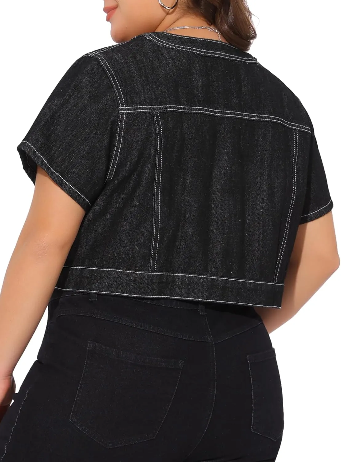 Agnes Orinda Women's Plus Size Denim Vest Tops Crew Neck Button Down Short Sleeve Cropped Jean Jacket