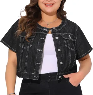 Agnes Orinda Women's Plus Size Denim Vest Tops Crew Neck Button Down Short Sleeve Cropped Jean Jacket