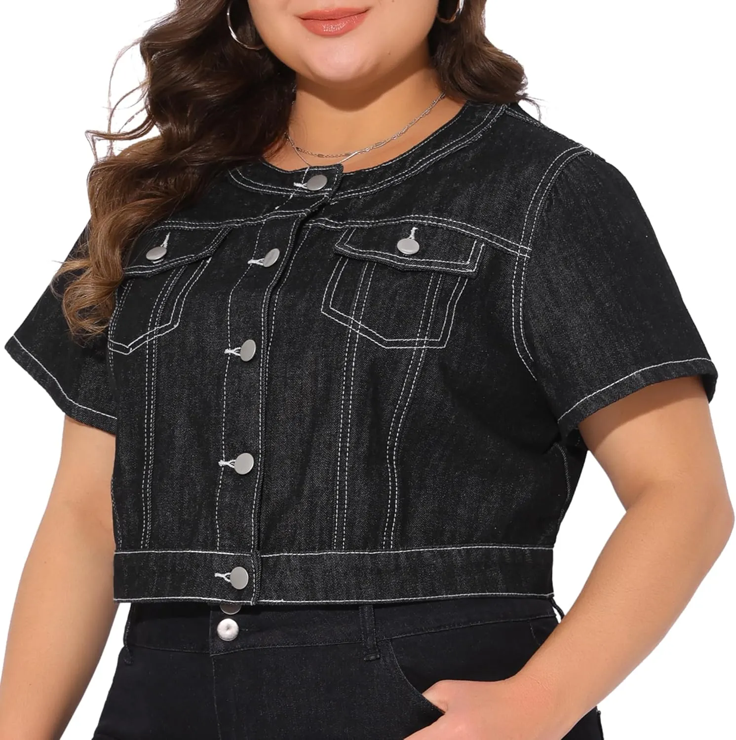 Agnes Orinda Women's Plus Size Denim Vest Tops Crew Neck Button Down Short Sleeve Cropped Jean Jacket