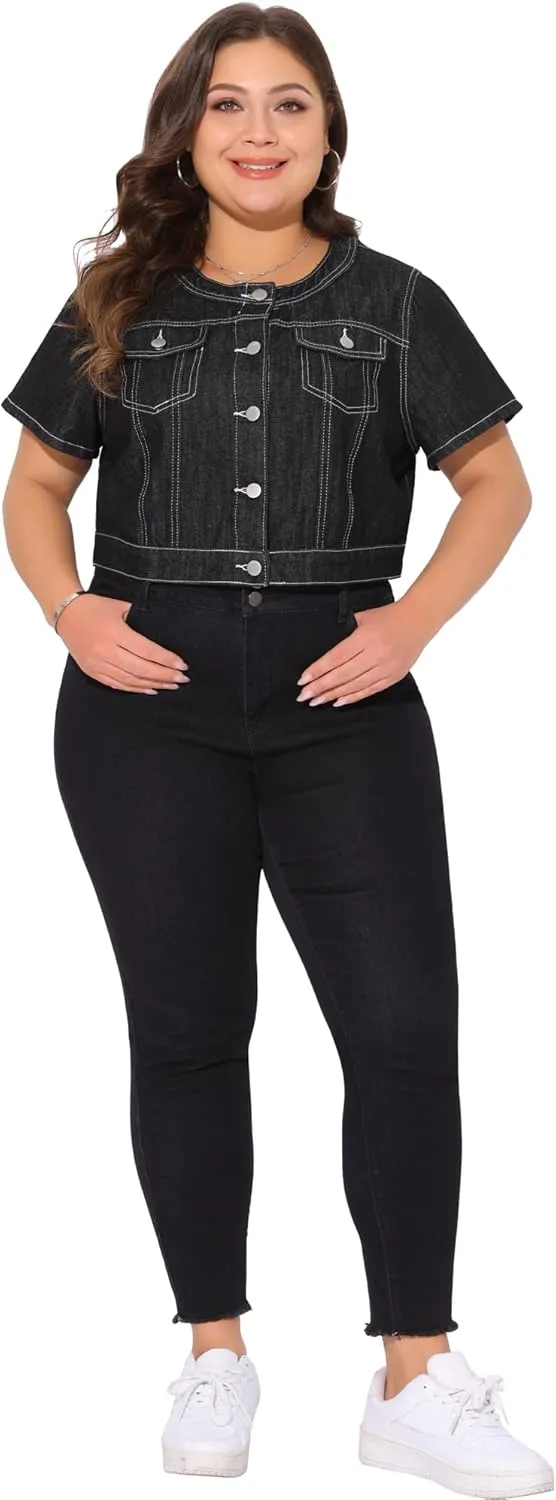 Agnes Orinda Women's Plus Size Denim Vest Tops Crew Neck Button Down Short Sleeve Cropped Jean Jacket