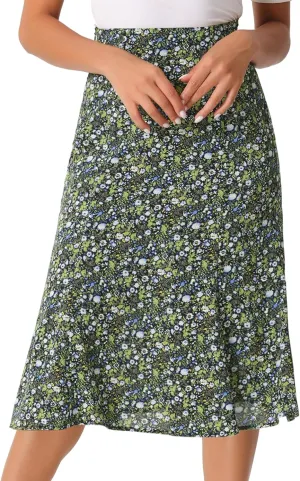 Allegra K Women's Floral Midi Skirt Peasant Elastic Waist A-Line Ditsy Leave Print Skirts