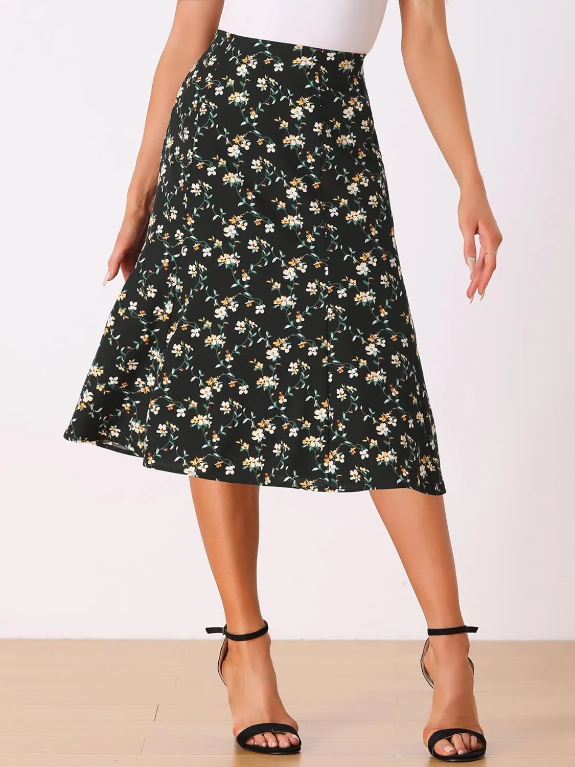 Allegra K Women's Floral Midi Skirt Peasant Elastic Waist A-Line Ditsy Leave Print Skirts