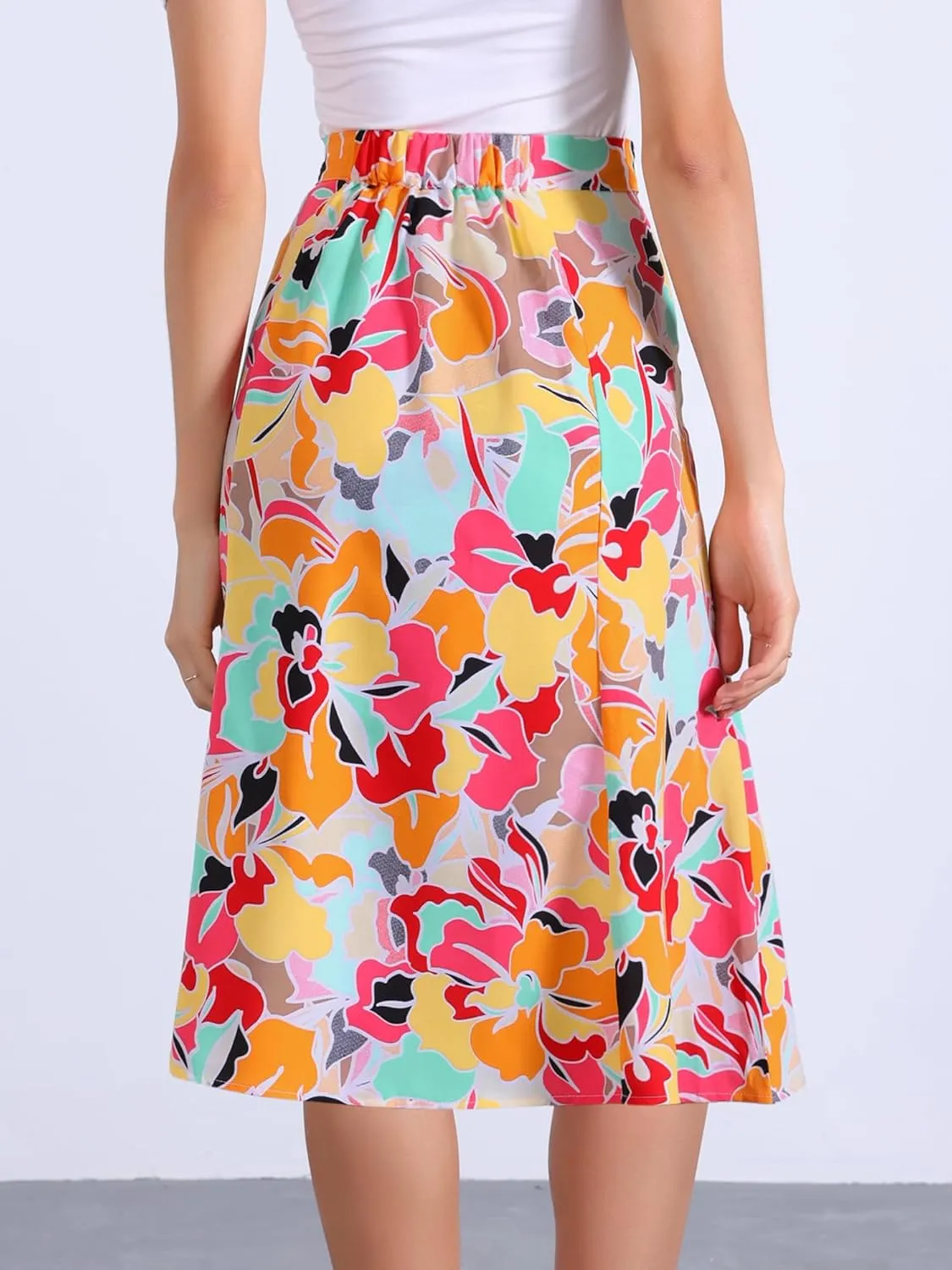 Allegra K Women's Floral Midi Skirt Peasant Elastic Waist A-Line Ditsy Leave Print Skirts