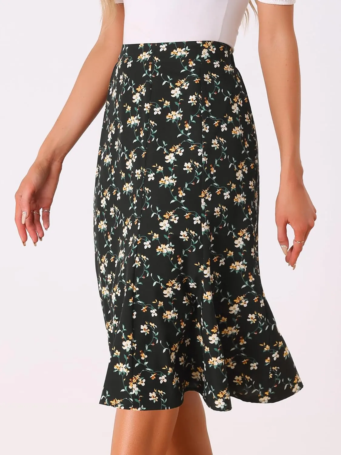 Allegra K Women's Floral Midi Skirt Peasant Elastic Waist A-Line Ditsy Leave Print Skirts