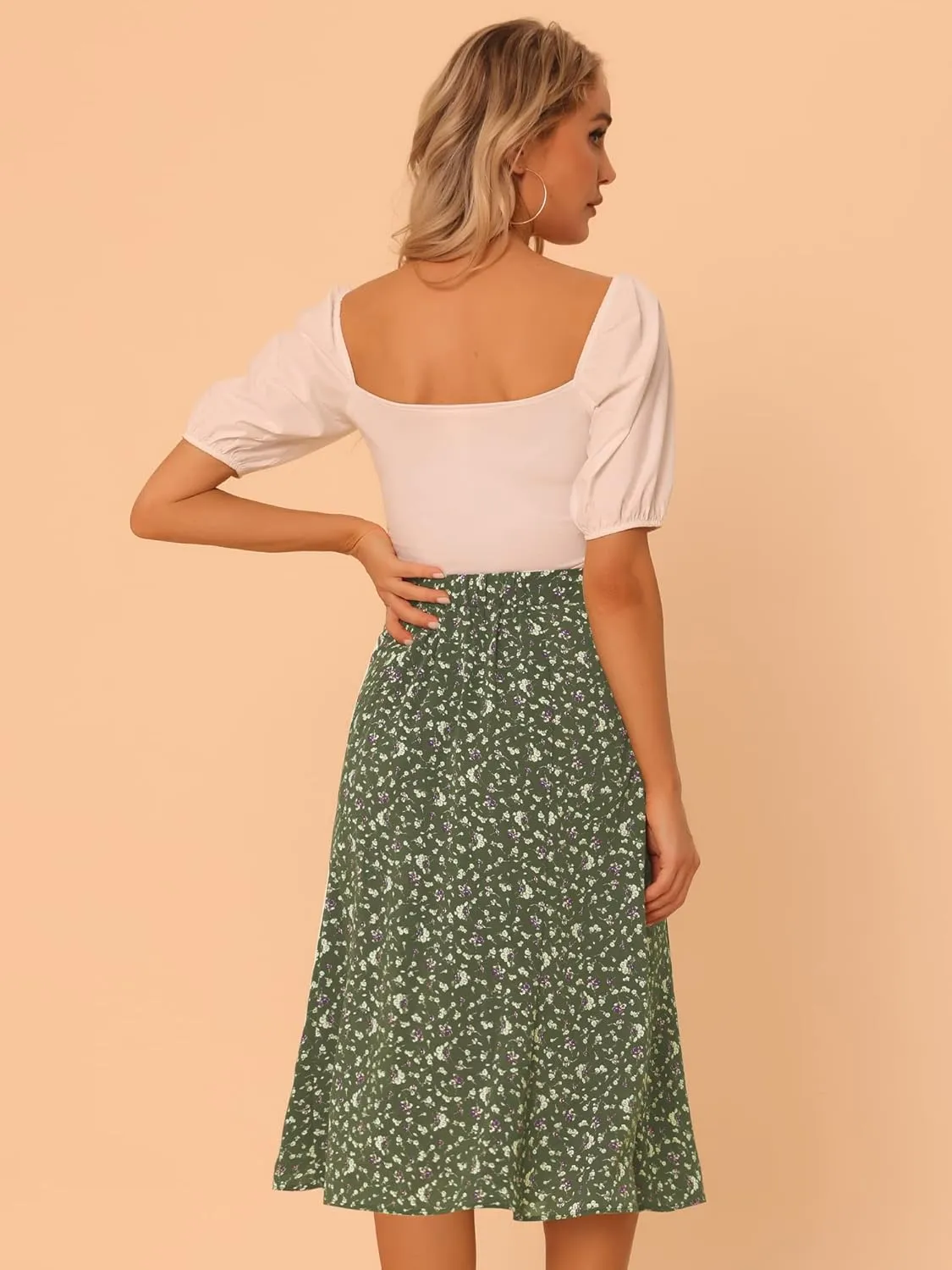 Allegra K Women's Floral Midi Skirt Peasant Elastic Waist A-Line Ditsy Leave Print Skirts