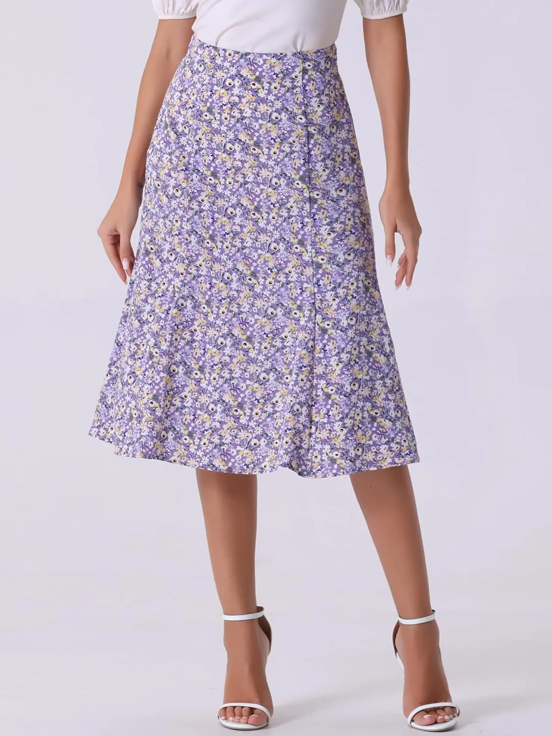 Allegra K Women's Floral Midi Skirt Peasant Elastic Waist A-Line Ditsy Leave Print Skirts