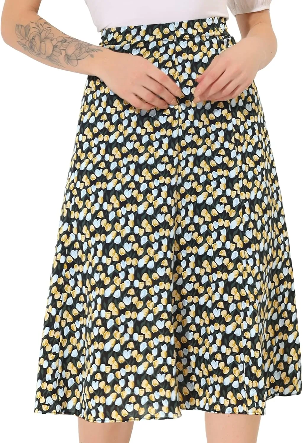 Allegra K Women's Floral Midi Skirt Peasant Elastic Waist A-Line Ditsy Leave Print Skirts