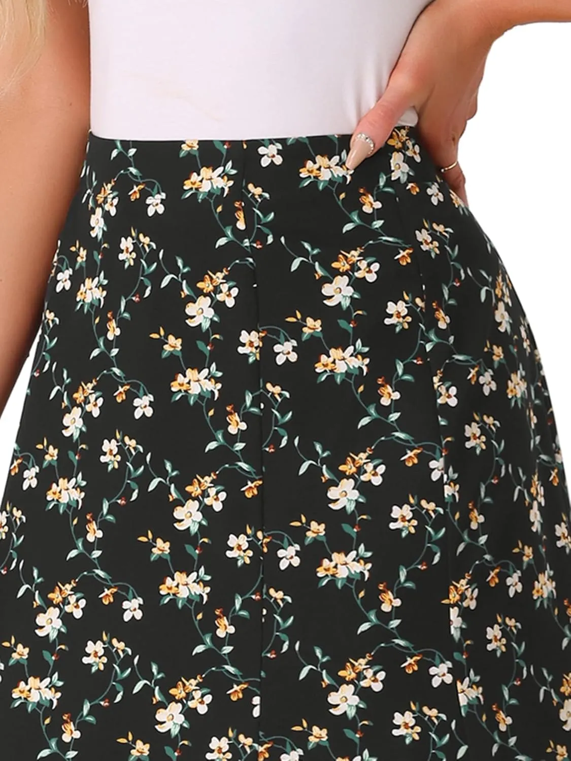 Allegra K Women's Floral Midi Skirt Peasant Elastic Waist A-Line Ditsy Leave Print Skirts