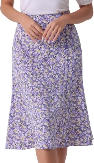 Allegra K Women's Floral Midi Skirt Peasant Elastic Waist A-Line Ditsy Leave Print Skirts