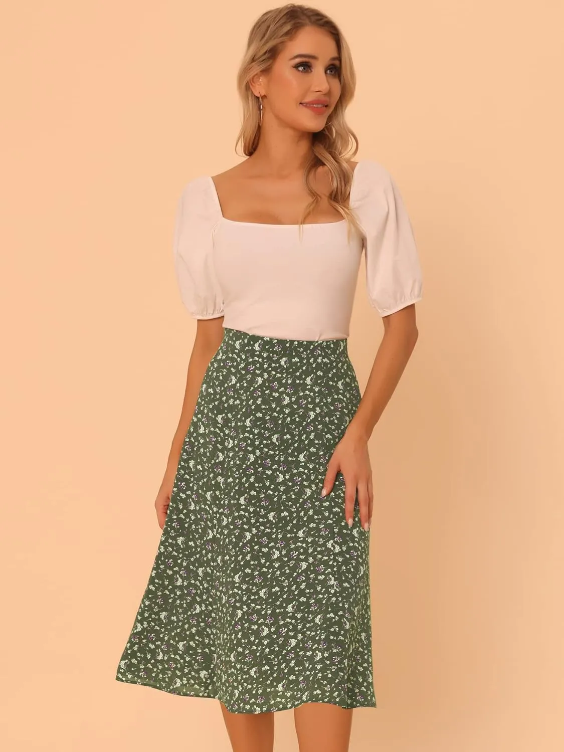Allegra K Women's Floral Midi Skirt Peasant Elastic Waist A-Line Ditsy Leave Print Skirts