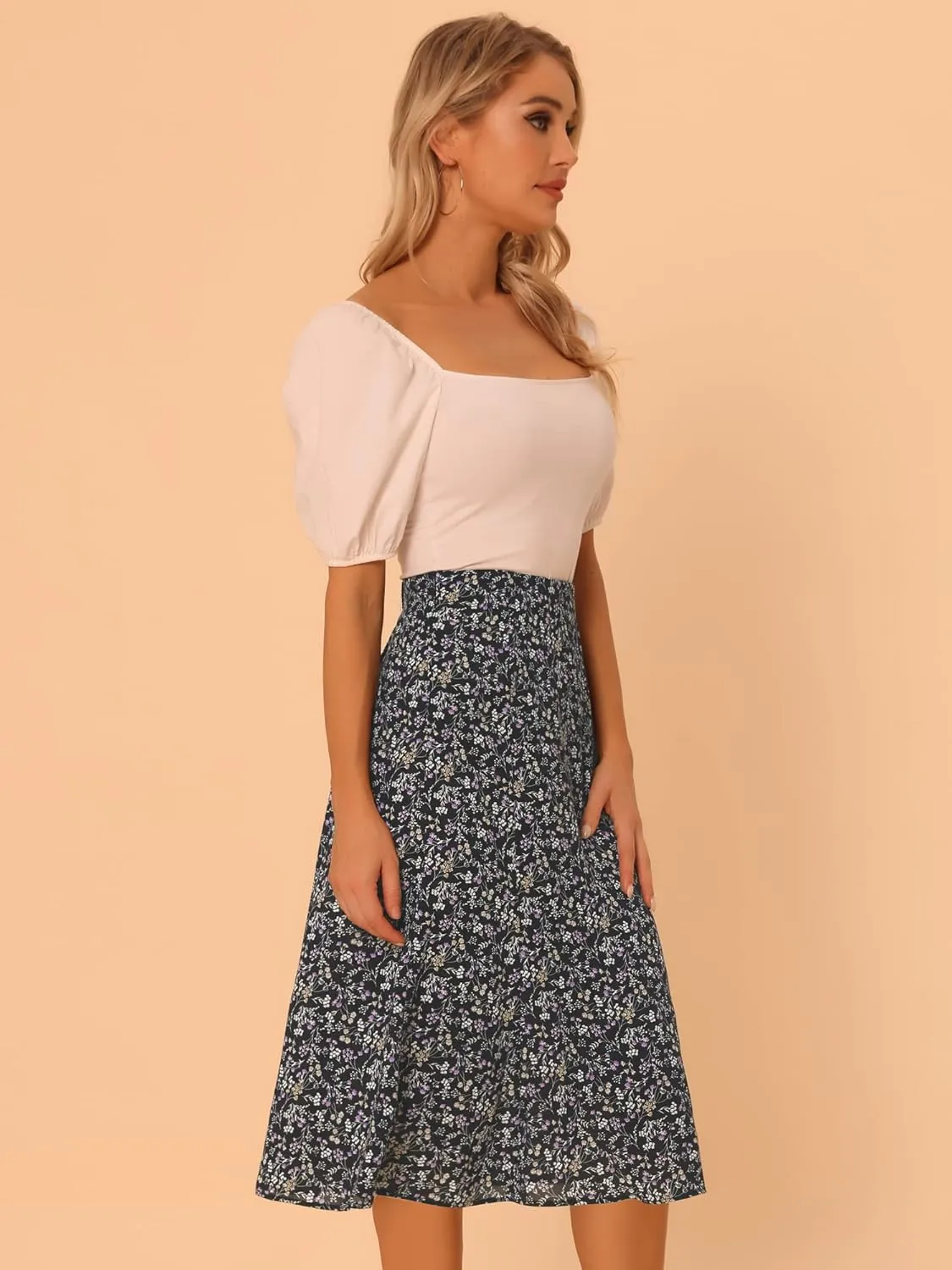 Allegra K Women's Floral Midi Skirt Peasant Elastic Waist A-Line Ditsy Leave Print Skirts