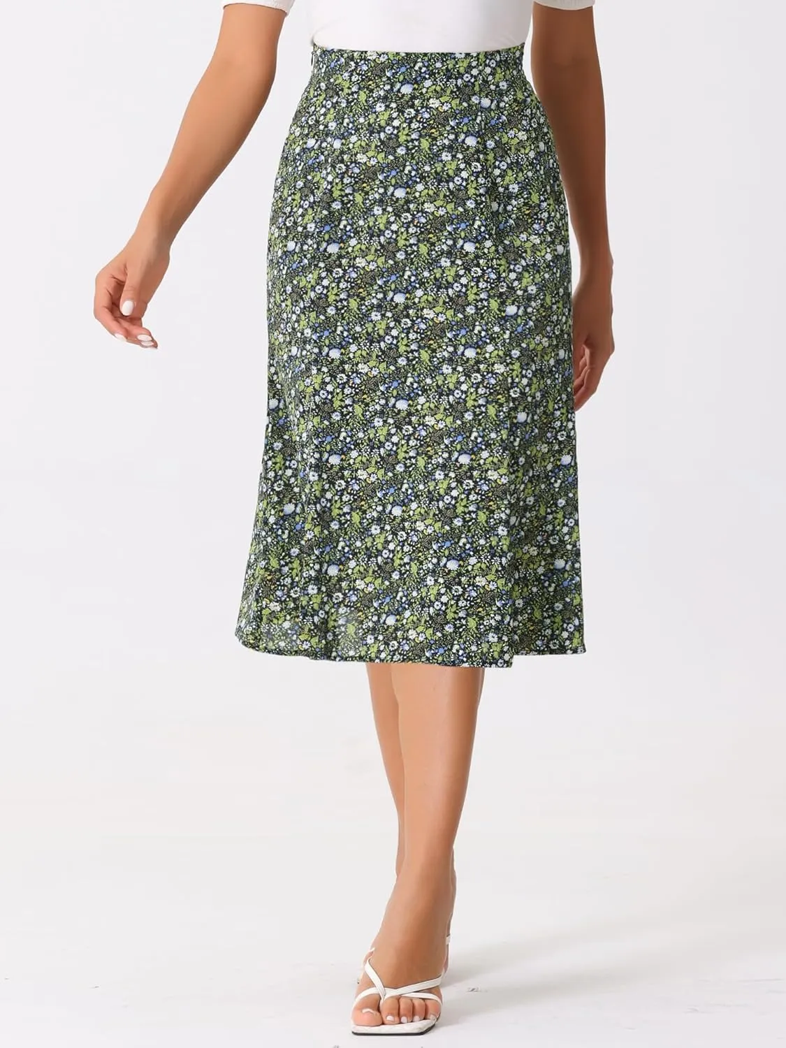Allegra K Women's Floral Midi Skirt Peasant Elastic Waist A-Line Ditsy Leave Print Skirts