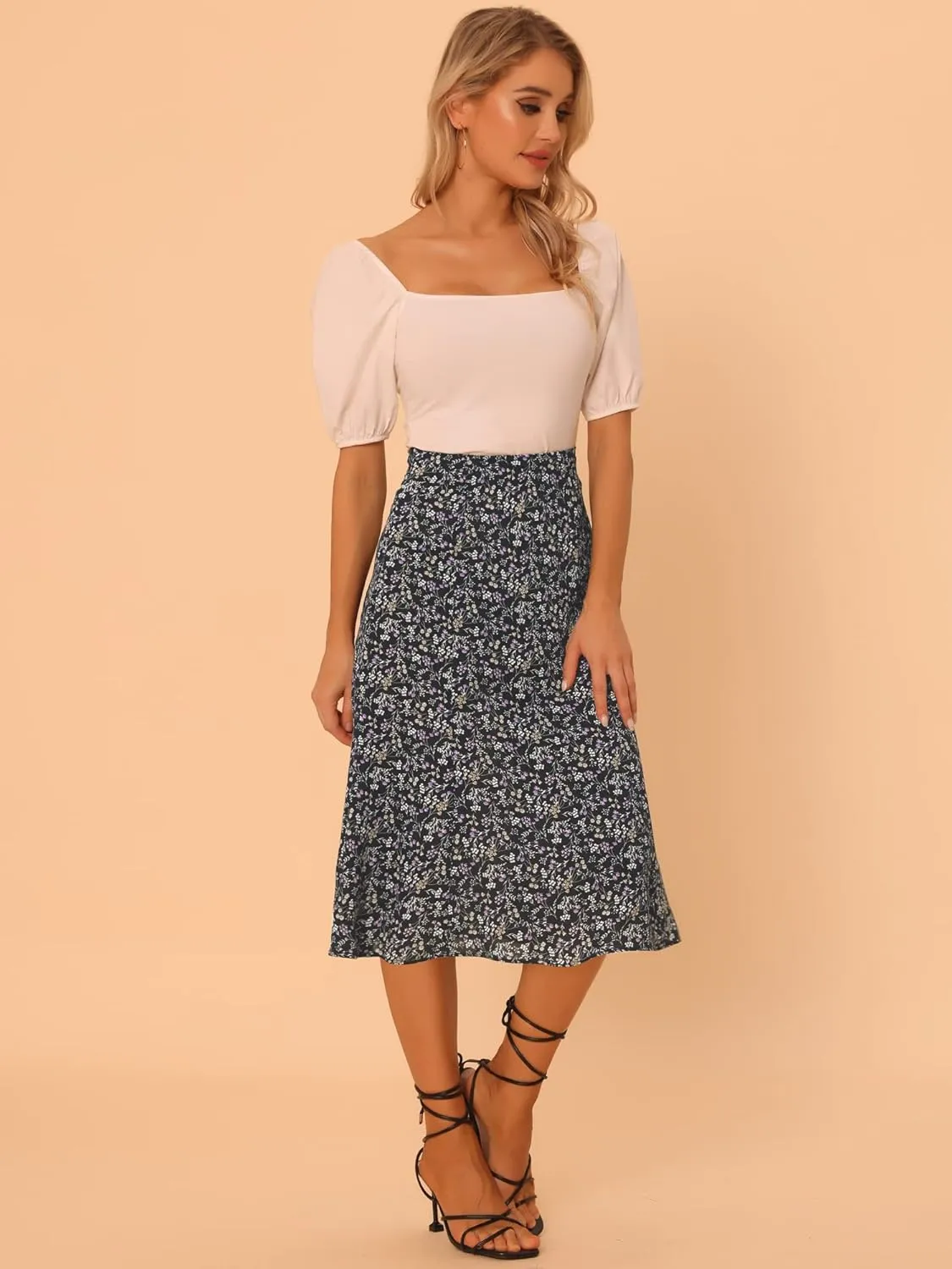Allegra K Women's Floral Midi Skirt Peasant Elastic Waist A-Line Ditsy Leave Print Skirts