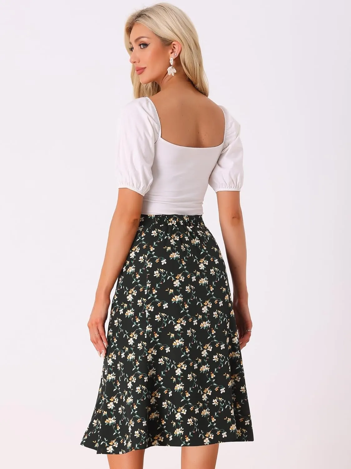 Allegra K Women's Floral Midi Skirt Peasant Elastic Waist A-Line Ditsy Leave Print Skirts