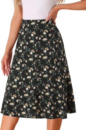 Allegra K Women's Floral Midi Skirt Peasant Elastic Waist A-Line Ditsy Leave Print Skirts