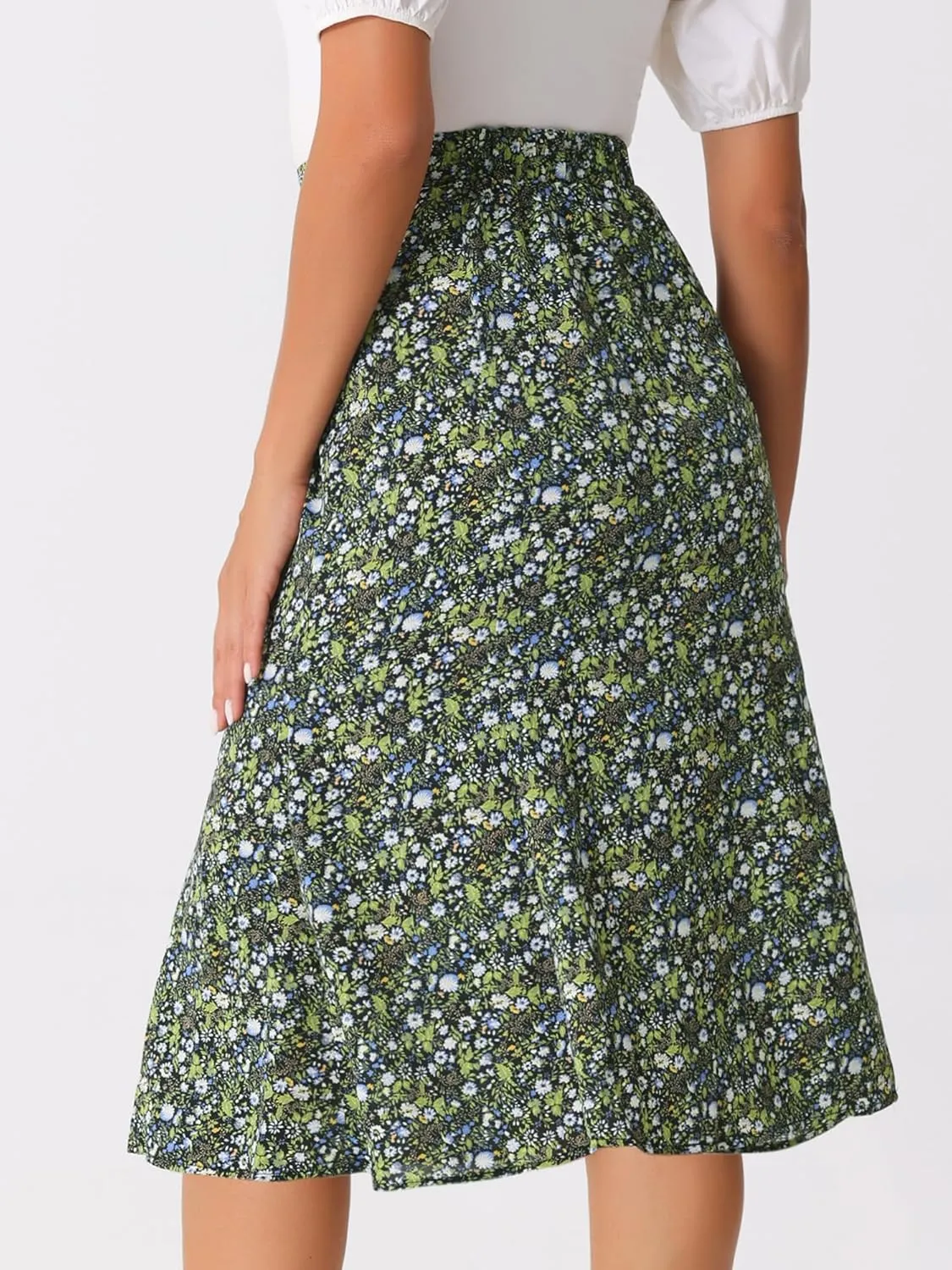 Allegra K Women's Floral Midi Skirt Peasant Elastic Waist A-Line Ditsy Leave Print Skirts