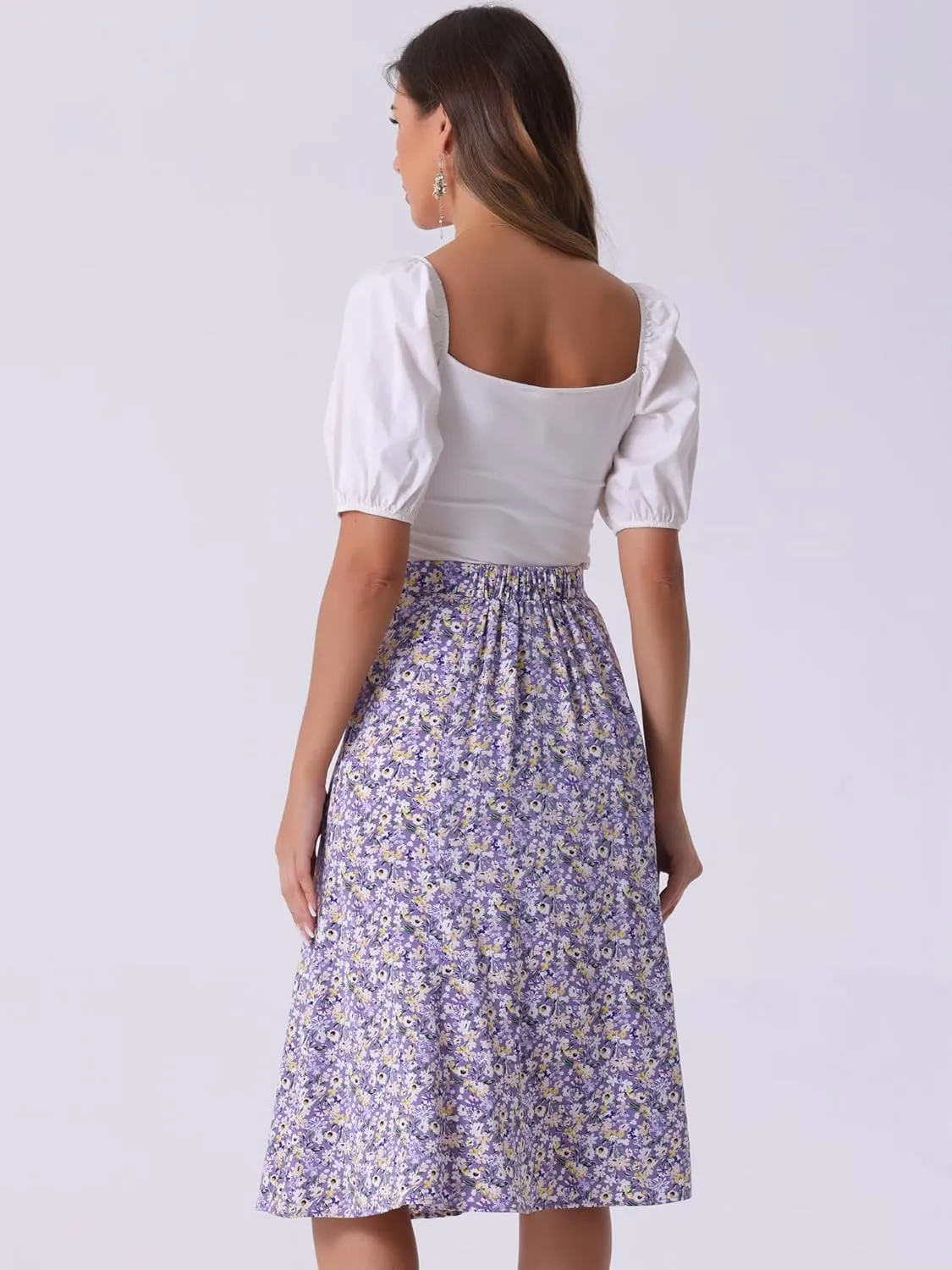 Allegra K Women's Floral Midi Skirt Peasant Elastic Waist A-Line Ditsy Leave Print Skirts